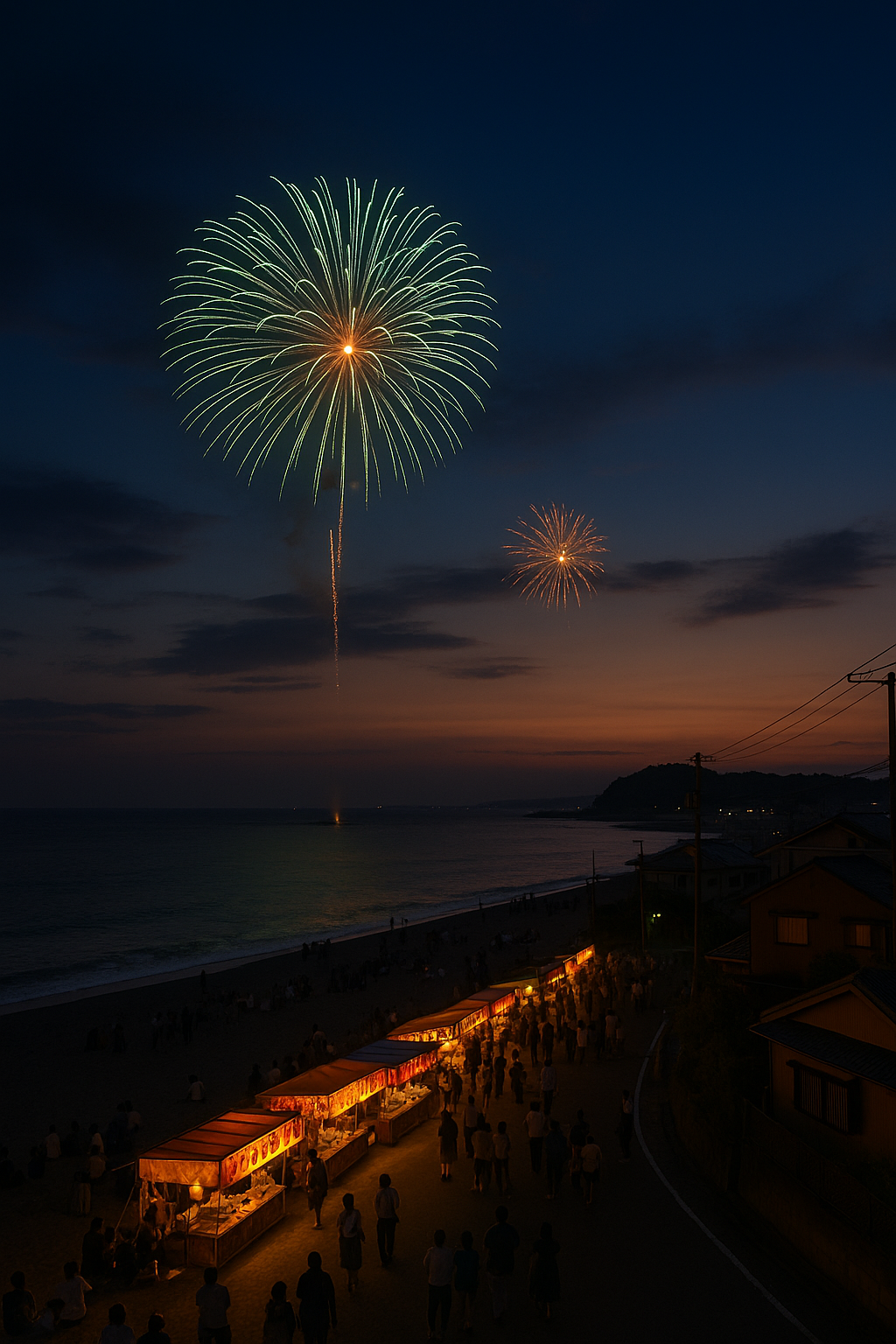 遠くから見た夏祭りの花火の風景｜湘南・二宮の夜