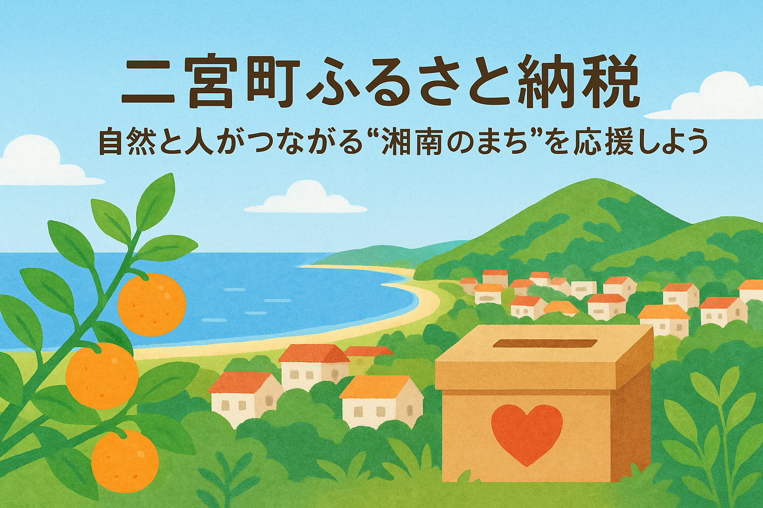 吾妻山公園から見下ろす二宮町の海と町並みを背景に、みかんの木と寄付ボックスが描かれた春色のイラスト（二宮町ふるさと納税）