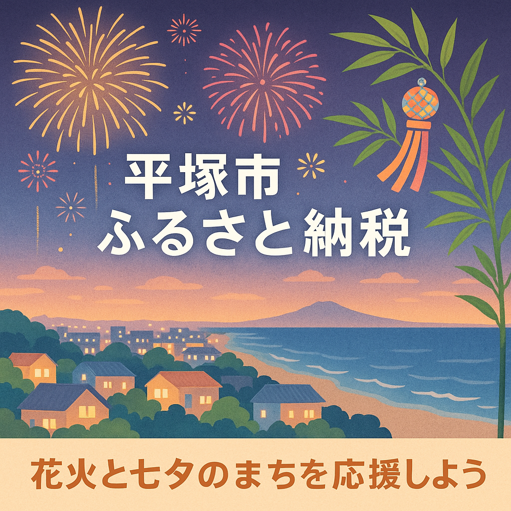 平塚市ふるさと納税の記事用イラスト。夏の夜空に花火が上がり、七夕飾りが揺れる湘南・平塚の街並み。海と寄付ボックスが描かれ、人々の笑顔があふれる温かい雰囲気。