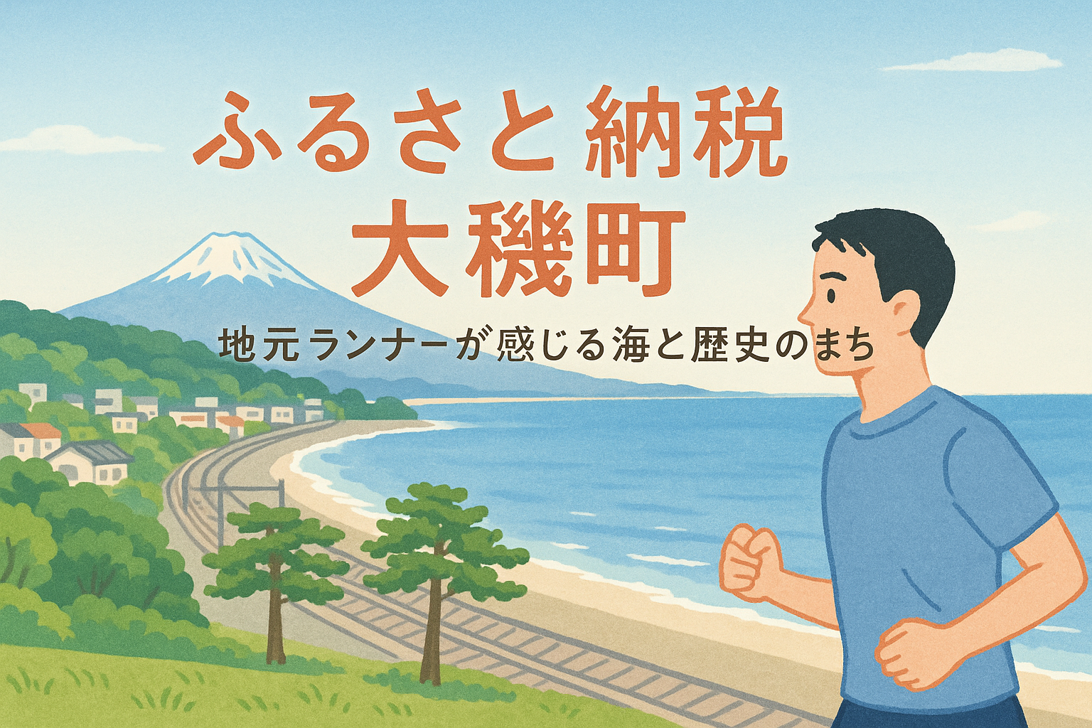 大磯の海と町並みを背景に、寄付ボックスと波打ち際を描いた春色のイラスト（大磯町ふるさと納税）