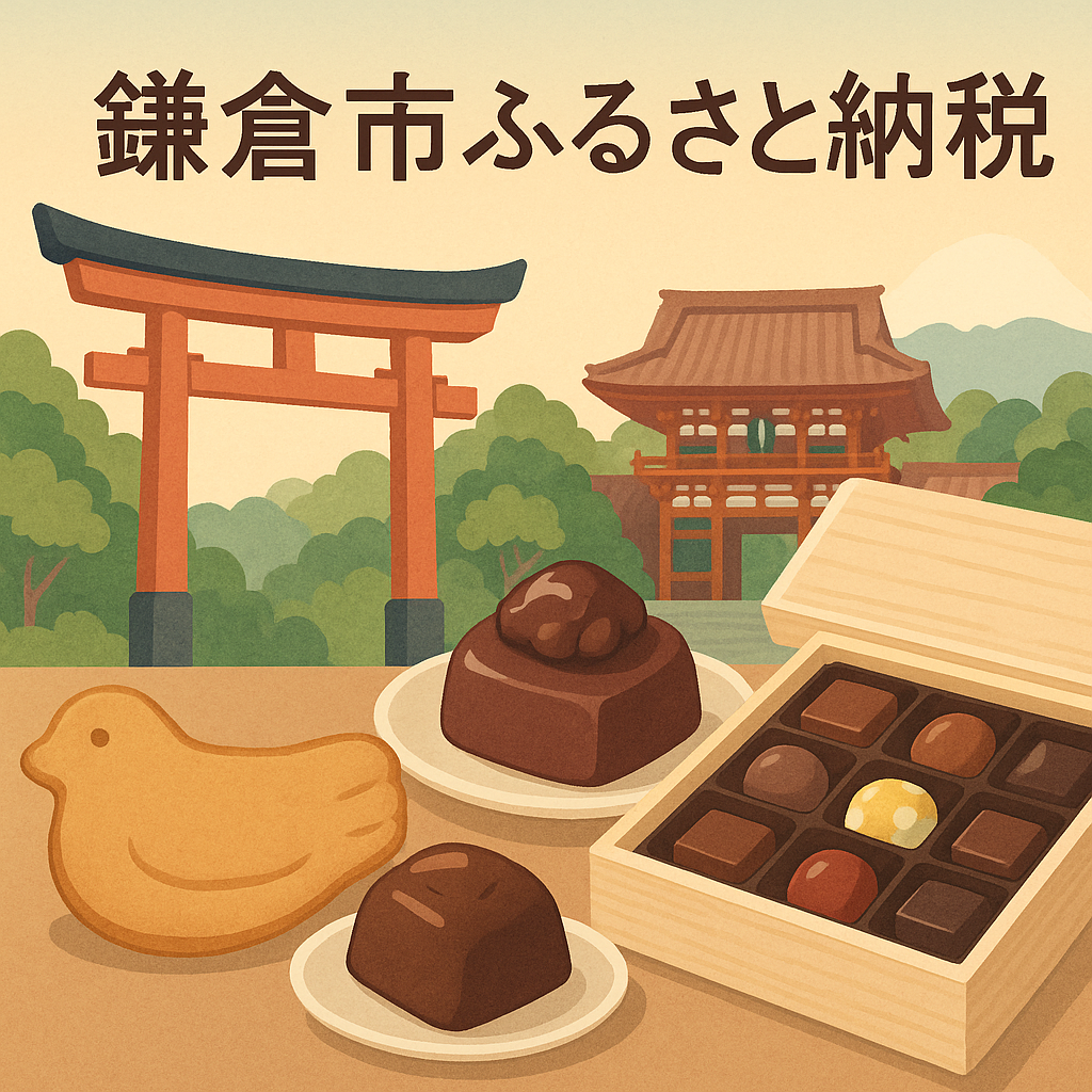 鎌倉市ふるさと納税のアイキャッチ。鶴岡八幡宮の鳥居と本殿を背景に、鳩サブレー、栗きんとんショコラ、桐箱入りチョコレートが並ぶ鎌倉らしい古都×スイーツの風景イラスト。